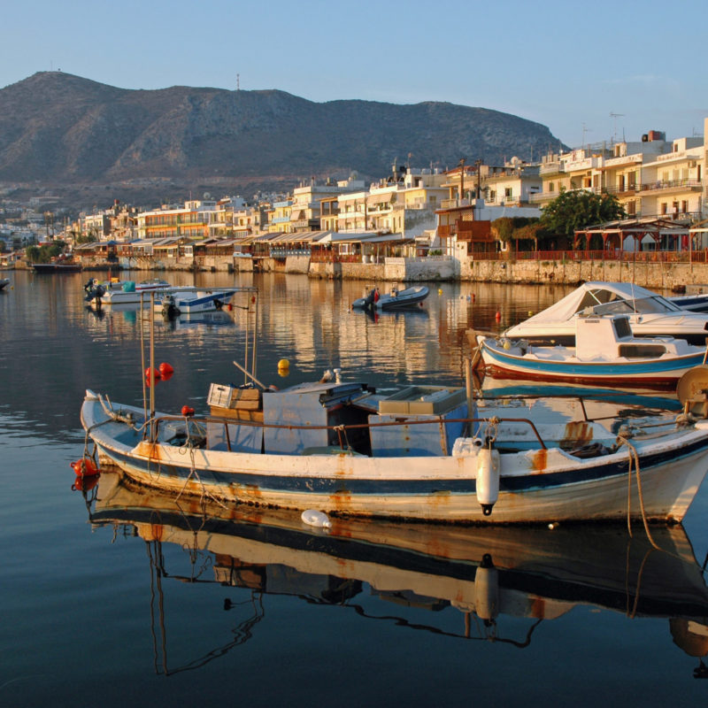 Kreta, Sonnenaufgang, hafen, boot, mole,  chersonissos,morgen, morgens, küste, griechenland,mittelmeer, meer, berge,  Limeas Chersonisou, Hersonissos